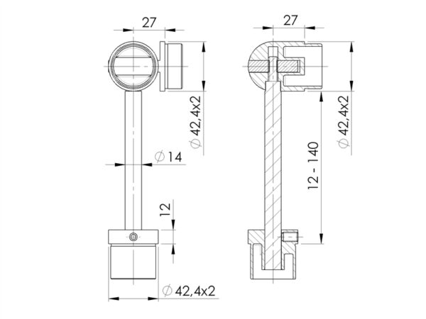 Support articulé ±90° pour liaison poteau/main courante Ø 42,4 mm