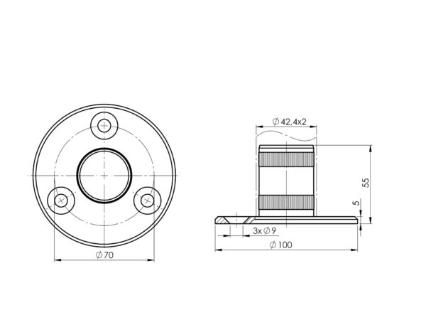 Platine Ø100 mm fixation au sol (3 trous M10) pour tube Ø42,4 mm à emboîter/coller