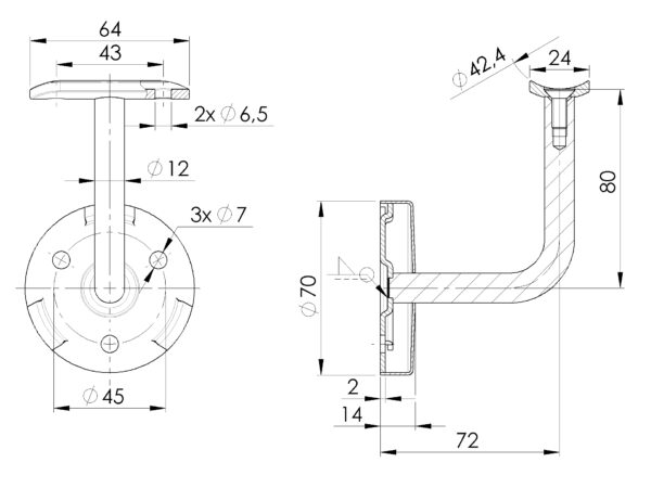 Écuyer mural tige en L | 3 points de fixation + platine + berceau pour main courante Ø 42,4 mm