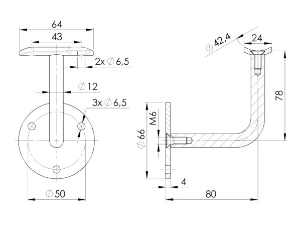 Écuyer mural tige en L | 3 points de fixation + berceau pour main courante Ø 42,4 mm