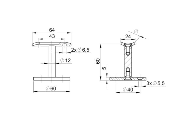 Écuyer mural tige en L | 3 points de fixation + berceau pour main courante Ø 42,4 mm