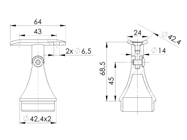 Support articulé 180° pour liaison poteau - main courante pour tube Ø 42,4 mm