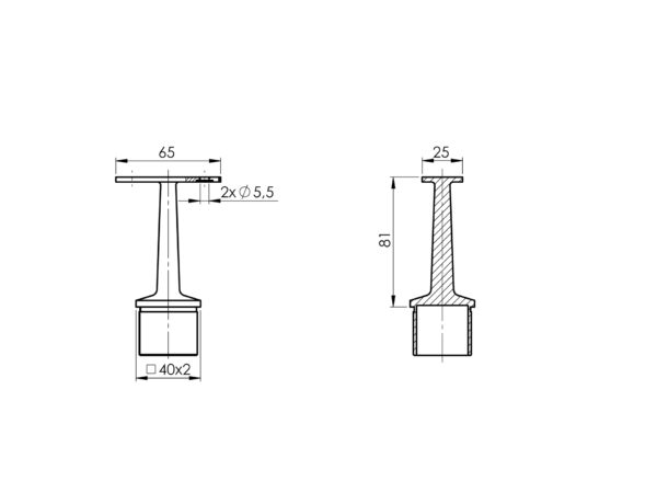 Support 180° pour liaison poteau - main courante pour tube □ plat