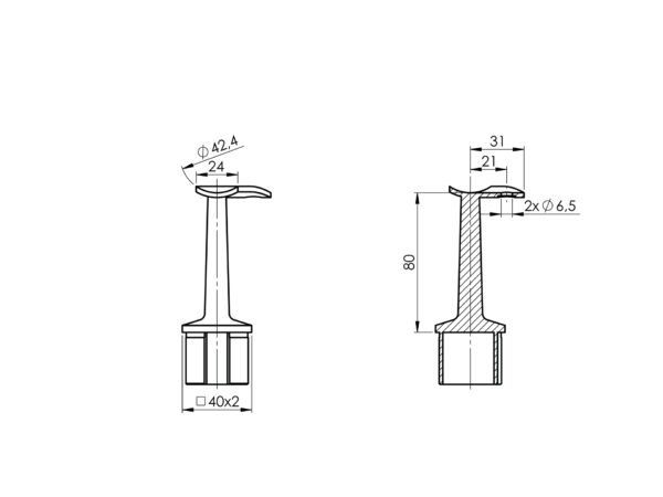 Support fixe 90° pour liaison poteau - main courante pour tube □ plat