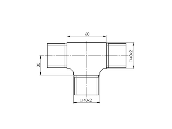 Raccord T 180° mâle/mâle pour tube □ 40 x 40 mm