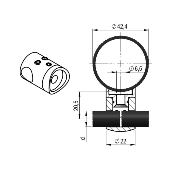 Support connexion 2 lisses Ø 12 mm fixation sur tube Ø 42,4 mm