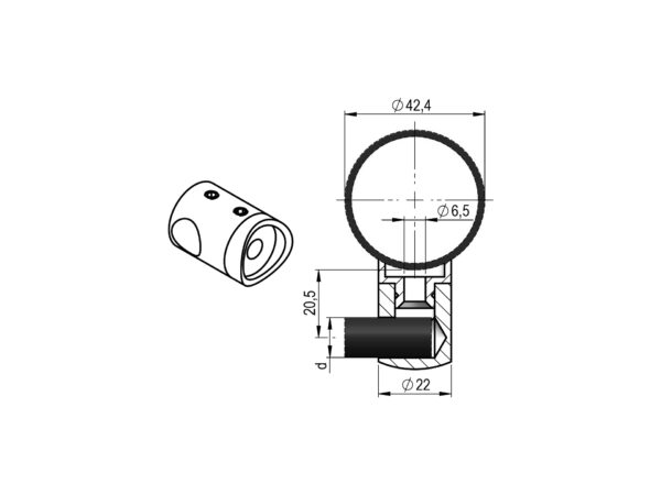 Support borgne gauche pour lisse Ø 12 mm non débouchant fixation tube Ø 42,4 mm