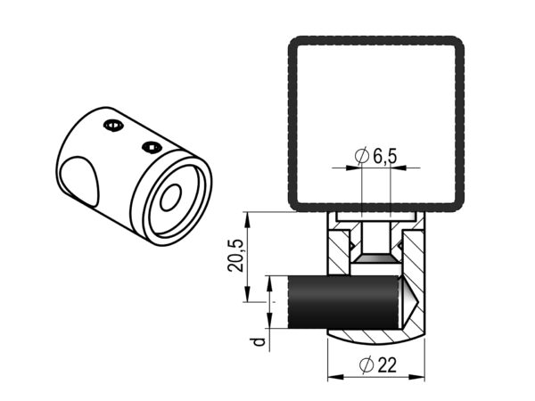 Support borgne gauche pour lisse Ø 12 mm non débouchant fixation sur □ plat