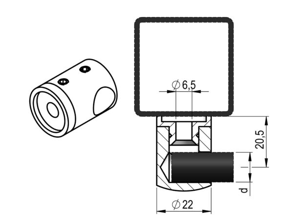 Support borgne droit pour lisse Ø 12 mm non débouchant fixation sur □ plat