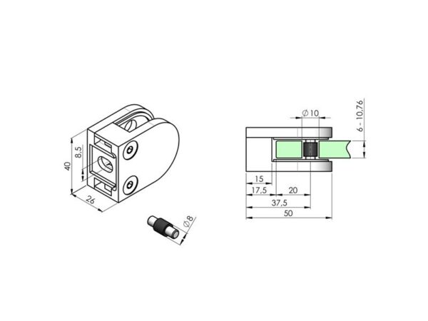 Pince vitrage zamak 50 x 40 mm pour verre de 6,76 à 10,76 mm fixation sur support □ plat