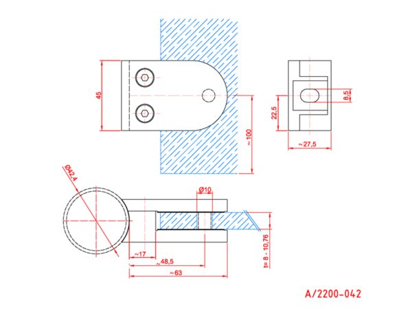 Pince vitrage zamak 63 x 45 mm pour verre de 8,76 à 10,76 mm fixation sur tube Ø 42,4 mm