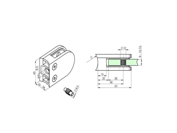 Pince vitrage zamak 63 x 45 mm pour verre de 8,76 à 10,76 mm fixation sur tube Ø 42,4 mm