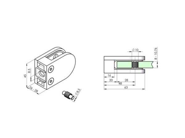 Pince zamak vitrage 63 x 45 mm pour verre de 8,76 à 10,76 mm fixation sur support □ plat