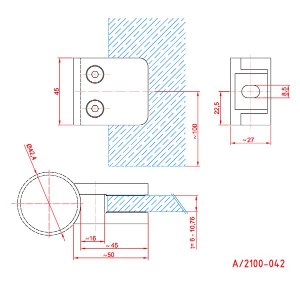 Pince vitrage zamak 45 x 45 mm pour verre de 6 à 10,76 mm fixation sur tube Ø 42,4 mm