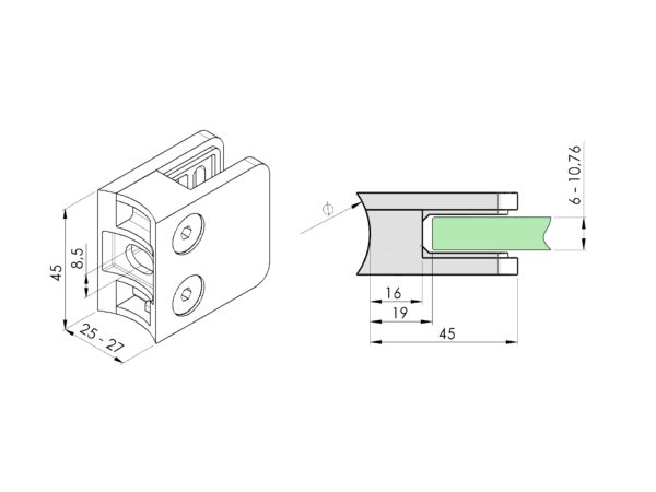 Pince vitrage zamak 45 x 45 mm pour verre de 6 à 10,76 mm fixation sur tube Ø 42,4 mm