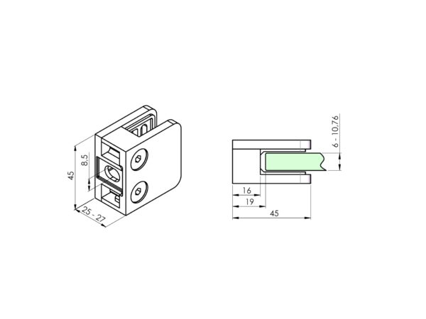 Pince vitrage inox 45 x 45 mm pour verre de 6 à 10,76 mm fixation sur □ plat