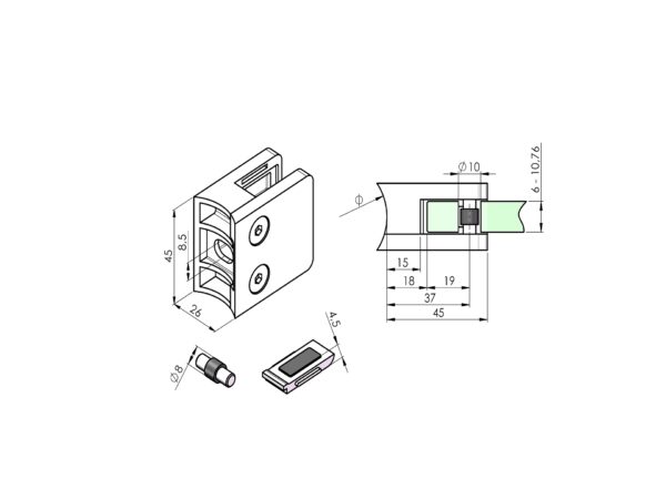 Pince zamak vitrage 45 x 45 mm pour verre de 8 à 10,76 mm fixation sur tube Ø 42,4 mm avec sabot