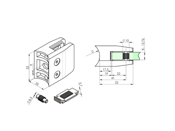 Pince vitrage zamak 52 x 52 mm pour verre de 8 à 12,76 mm fixation sur tube Ø 42,4 mm avec sabot