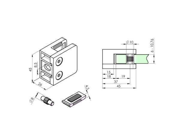 Pince vitrage inox 45 x 45 mm pour verre de 8 à 10,76 mm fixation sur □ plat avec sabot