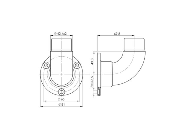 Platine coudée 90° fixation en applique pour tube Ø42,4 mm