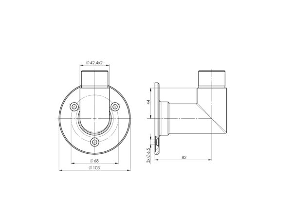 Platine coudée 90° fixation en applique pour tube Ø42,4 mm