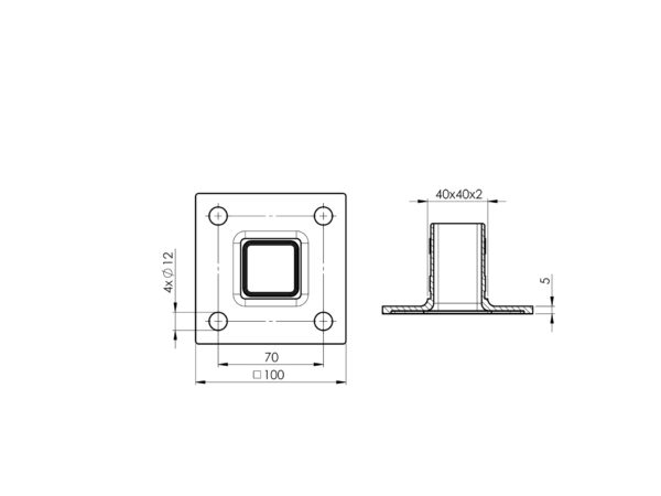 Platine □ 100 mm fixation au sol (4 trous M10) pour tube □ 40 x 40 mm