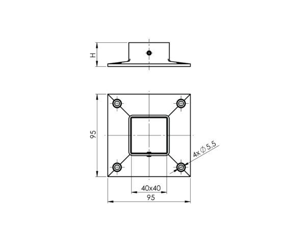 Platine □ 95 mm fixation murale (4 trous M10) pour tube □ 40 x 40 mm