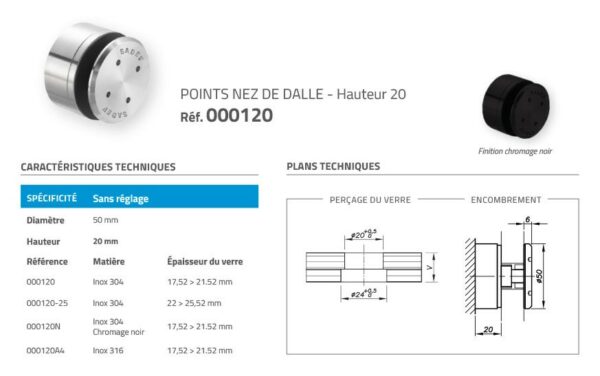 Garde-corps verre nez de dalle ø 50mm H20 - Point de fixation