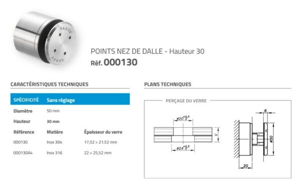 Garde-corps verre nez de dalle ø 50mm H30 - Point de fixation