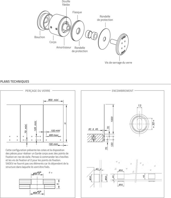 Garde-corps verre nez de dalle réglable ø 50mm H40 - Point de fixation - Avis technique