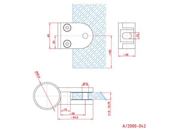 Pince vitrage zamak 50 x 40 mm pour verre de 6,76 à 10,76 mm fixation sur tube Ø 42,4 mm