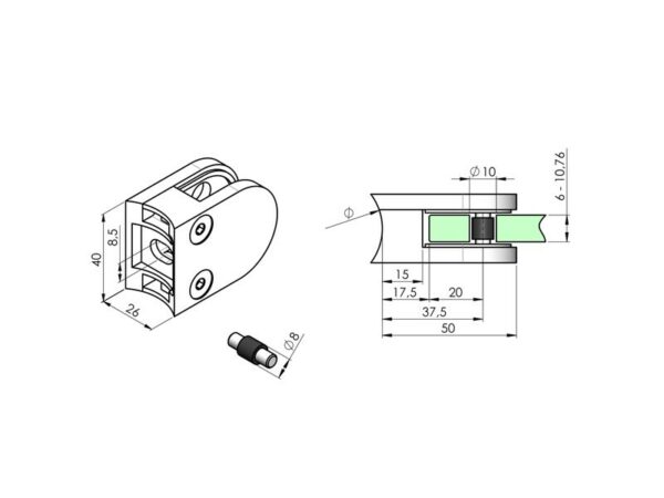 Pince vitrage zamak 50 x 40 mm pour verre de 6,76 à 10,76 mm fixation sur tube Ø 42,4 mm