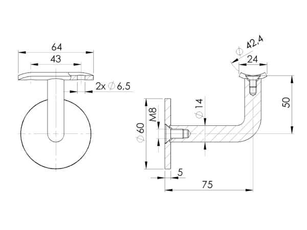 Écuyer mural inox PVD Titane tige en L | 3 points de fixation + platine + berceau pour main courante Ø 42,4 mm – Image 2